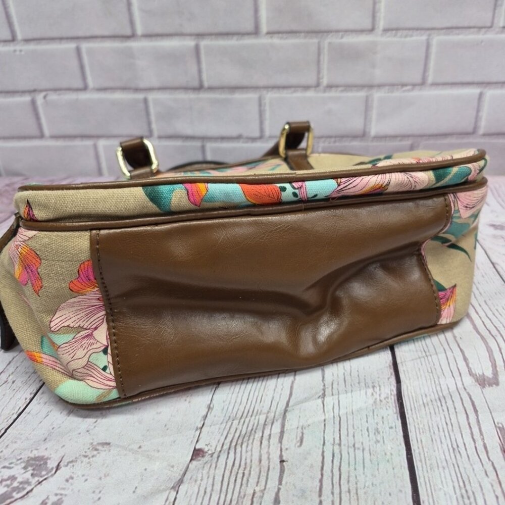 Jaclyn Smith Lily Canvas Handbag Purse Colorful Floral And Brown Pockets - Picture 6 of 10